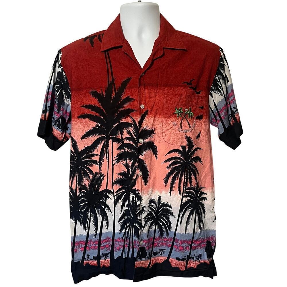 Vtg G.J. Cottage St. Thomas Floral Hawaiian Shirt Tropical Palm Embroidered Sz M